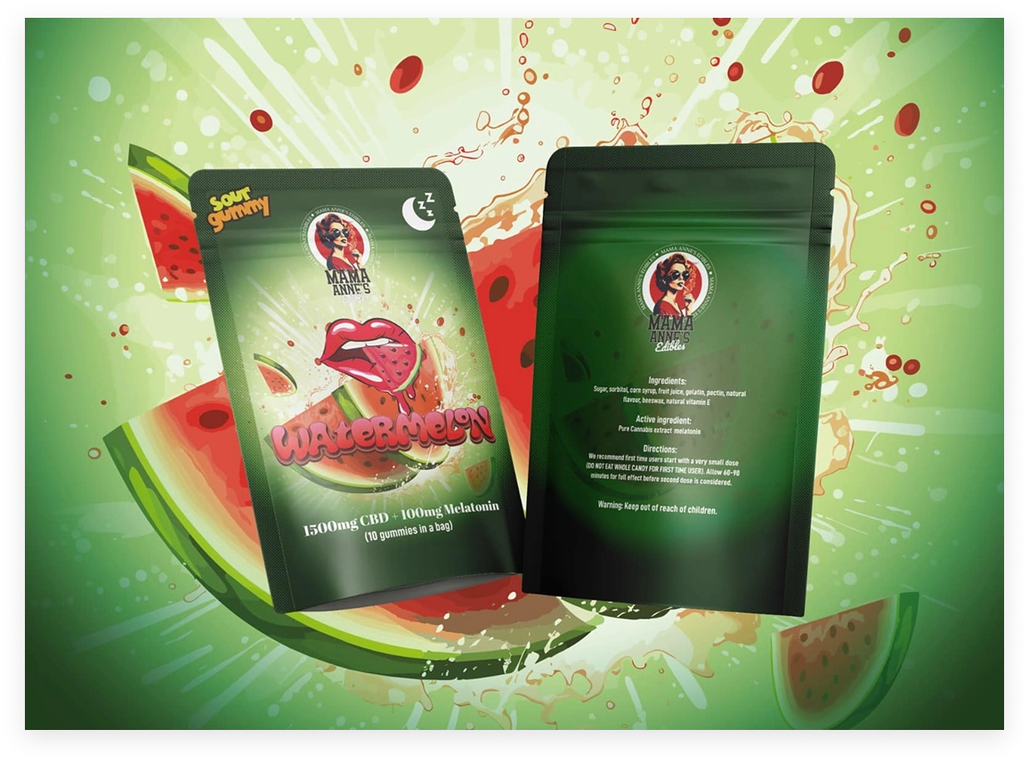 Mama Anne's Edibles watermelon-flavored package on green background with watermelon splash graphics